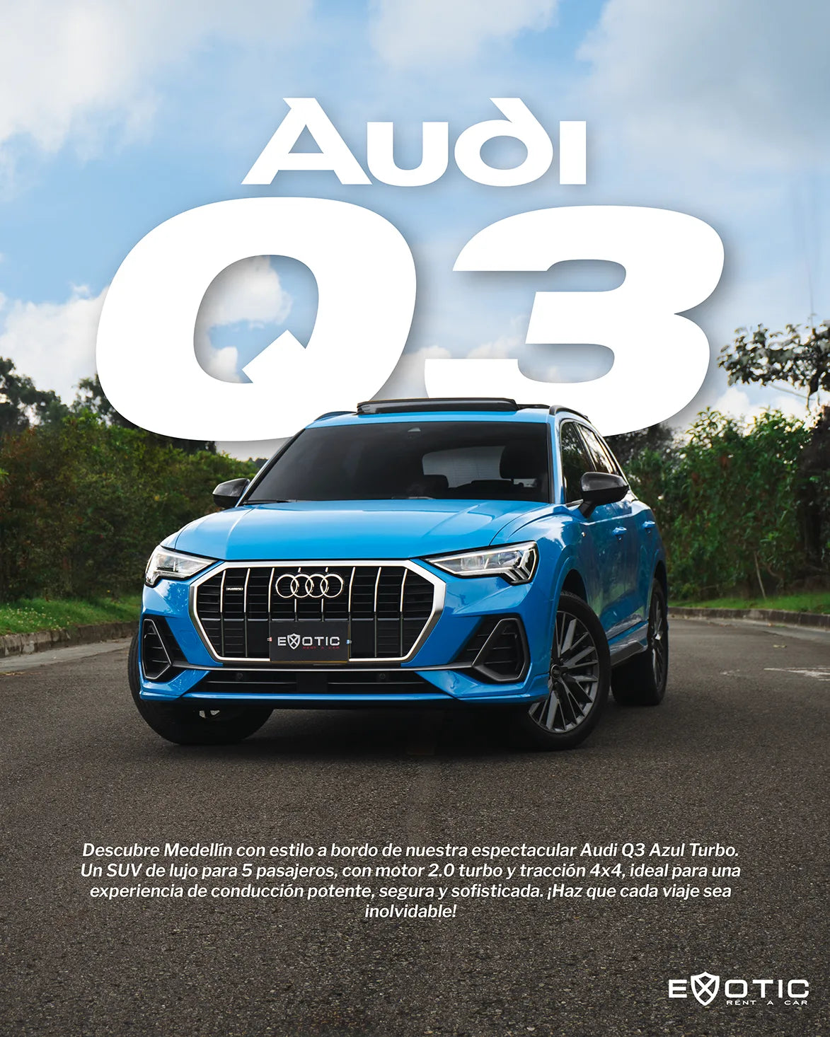 Alquiler de vehículos en Medellín - Audi Q3 Azul, vista de portada