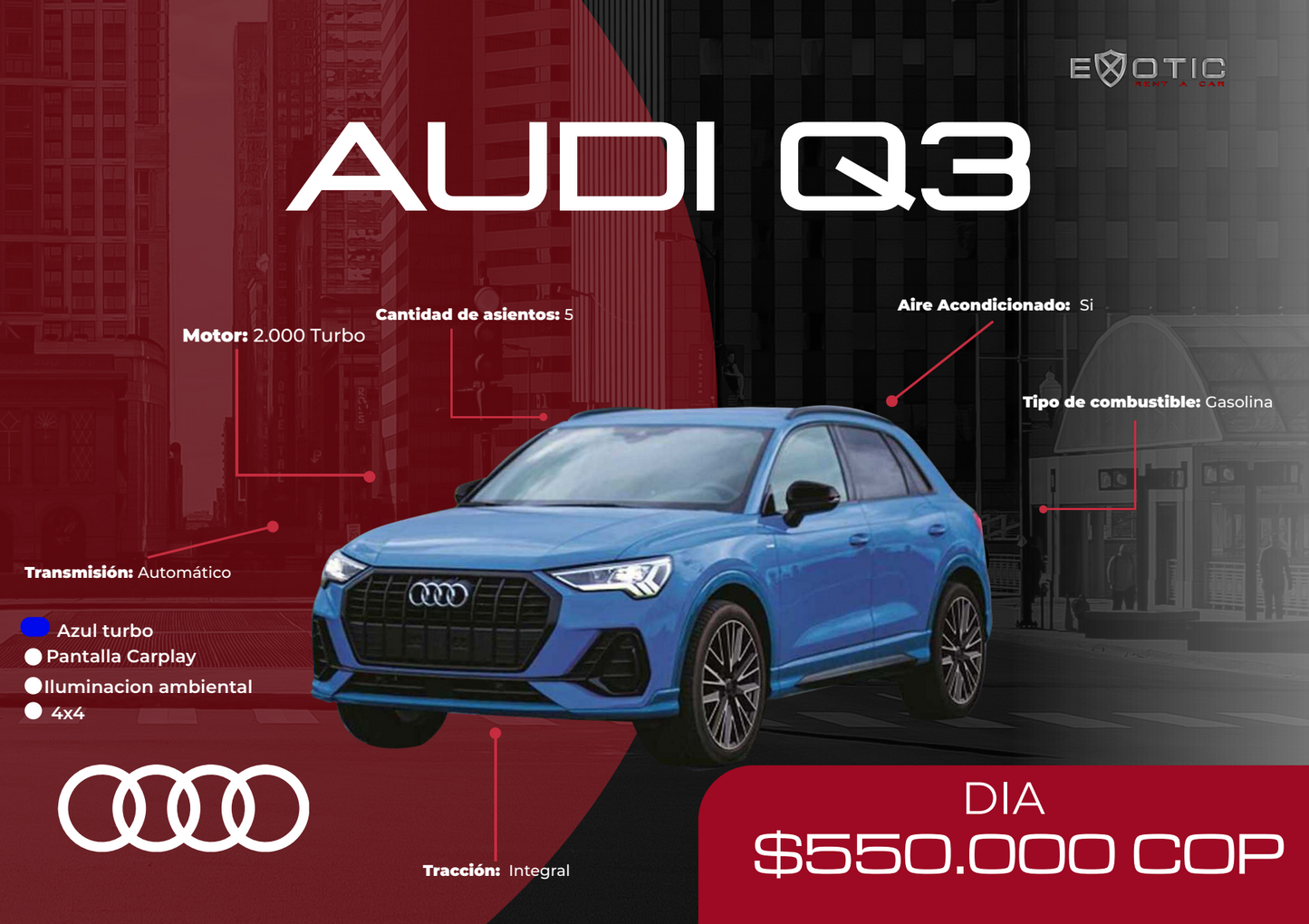 Audi Q3 Azul en alquiler en Medellín | Exotic Rent a Car