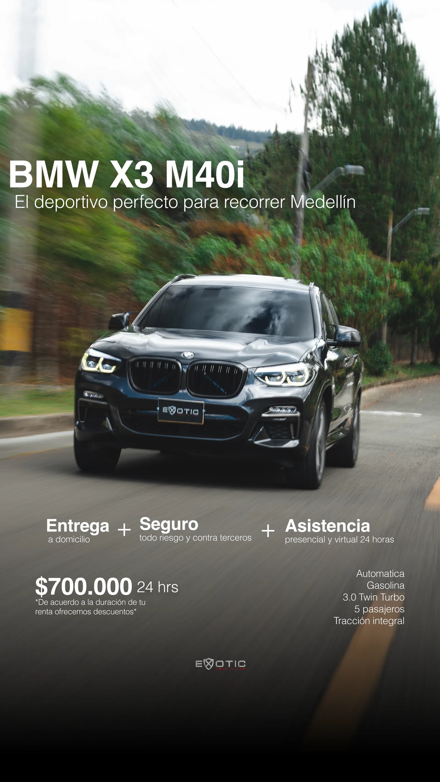 Alquiler de vehículos en Medellín - BMW X3 M40i, pieza gráfica con tarifa por día