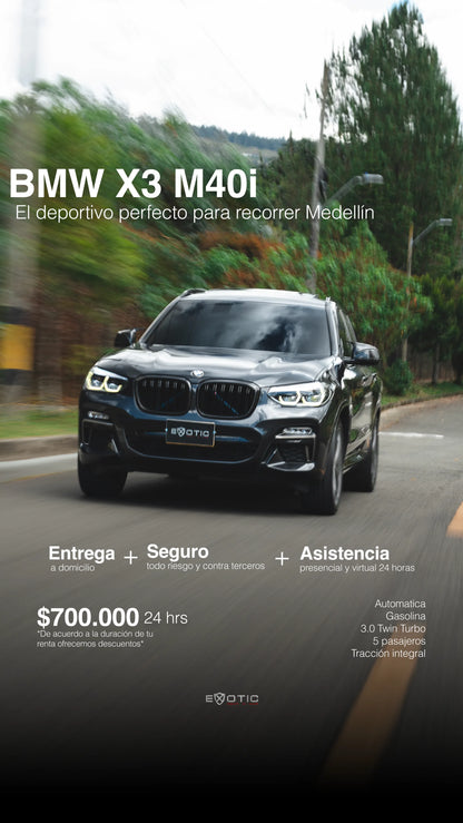 Alquiler de vehículos en Medellín - BMW X3 M40i, pieza gráfica con tarifa por día