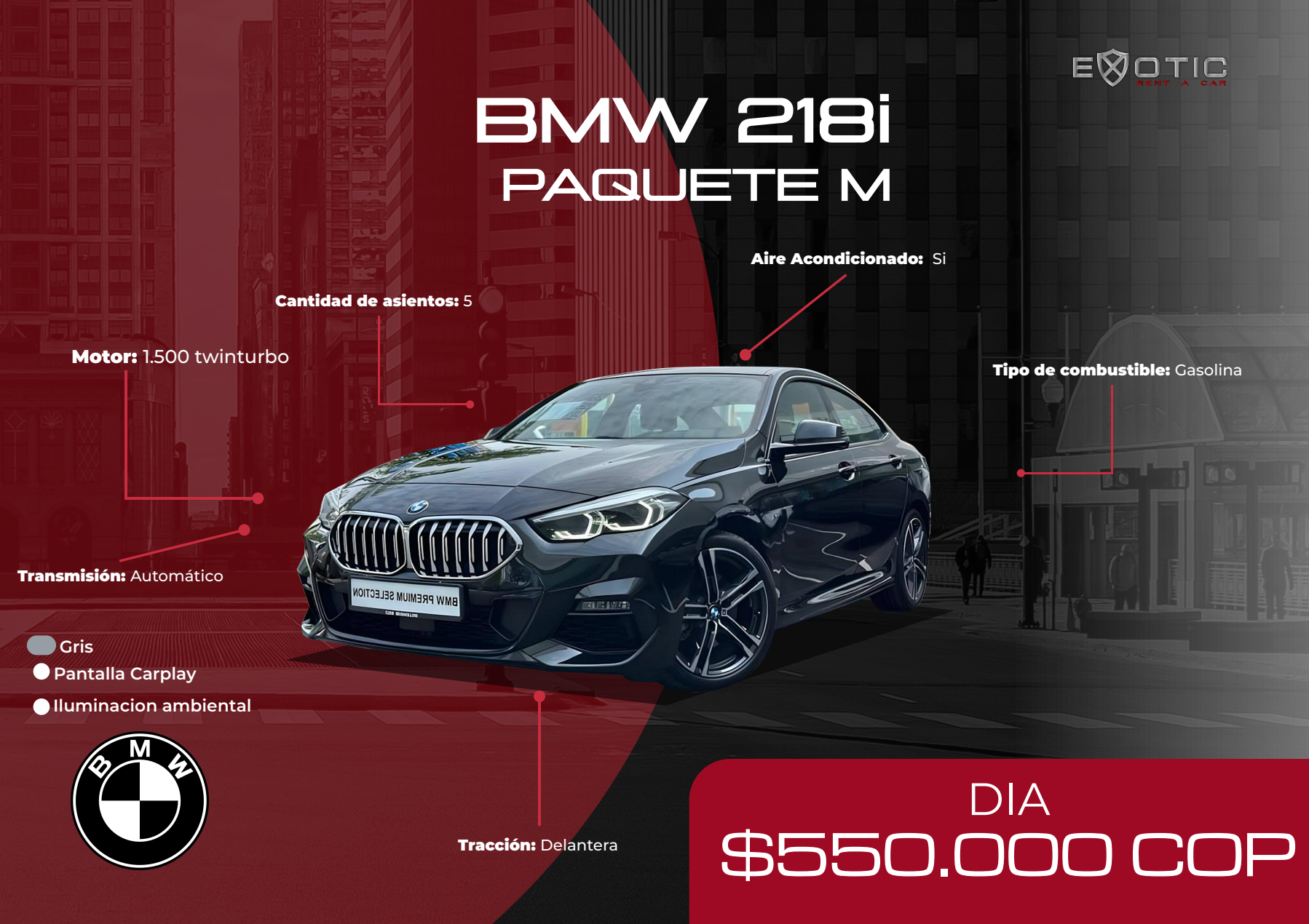 BMW 218i Paquete M en alquiler en Medellín | Exotic Rent a Car