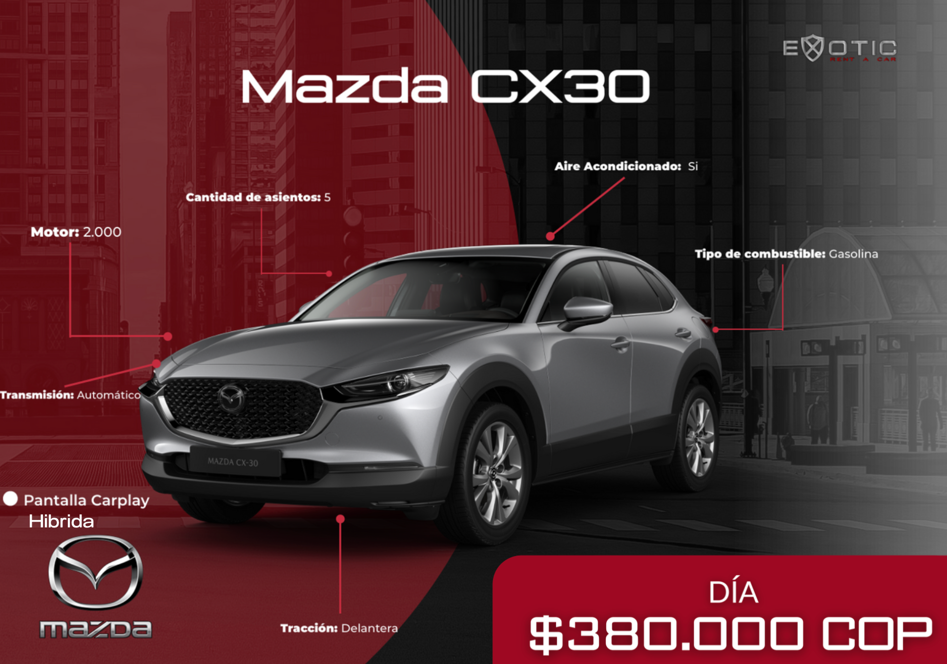 Mazda CX-30 Híbrida en alquiler en Medellín | Exotic Rent a Car
