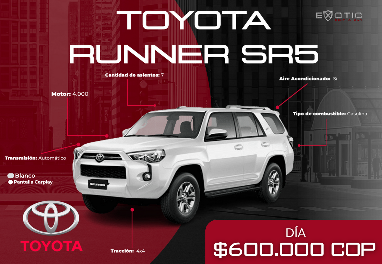 Toyota 4Runner SR5 en alquiler en Medellín | Exotic Rent a Car